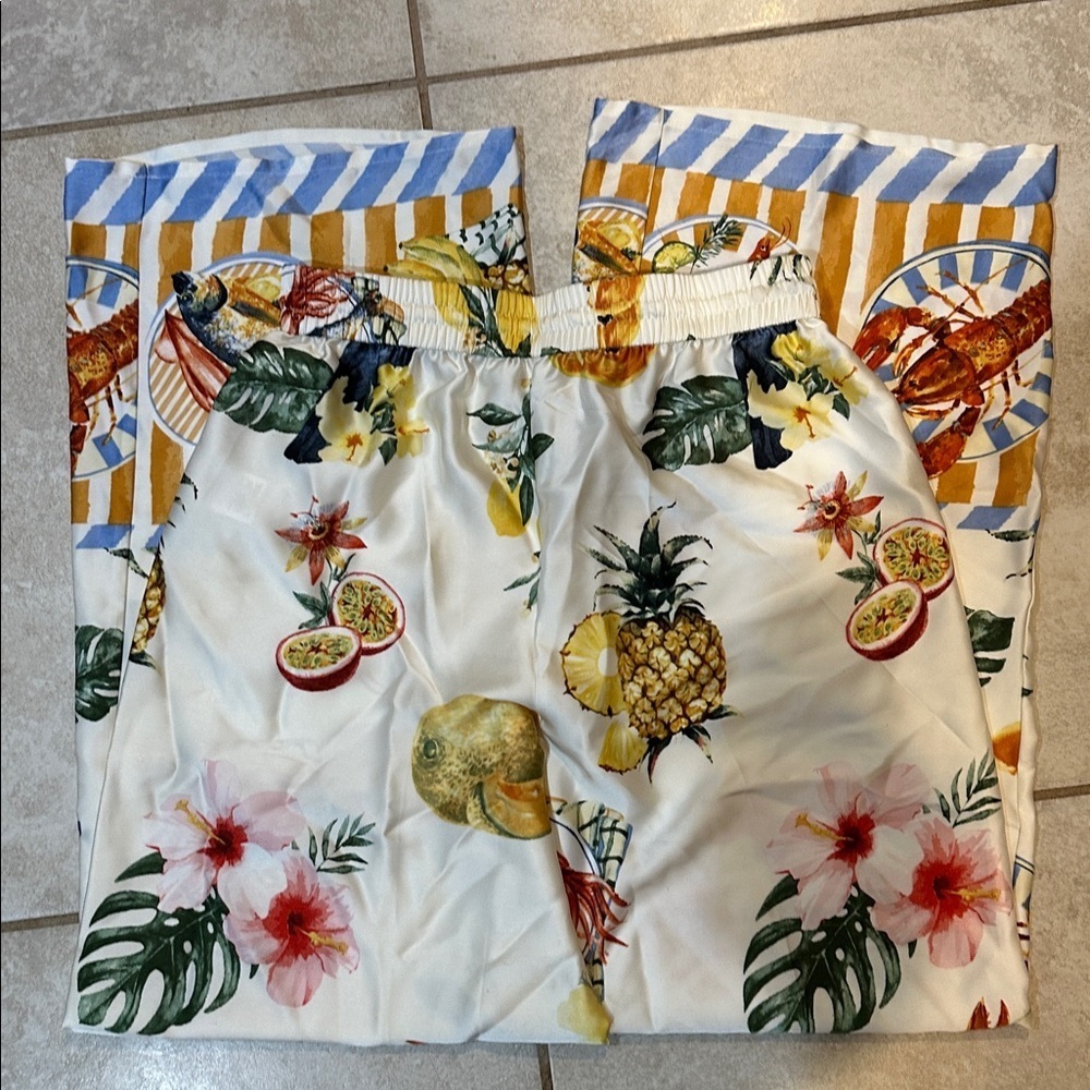 NEW! Bailey 44 Italian Summer Satin Wide Leg Pants S Food Crawfish Lemons - Picture 7 of 8
